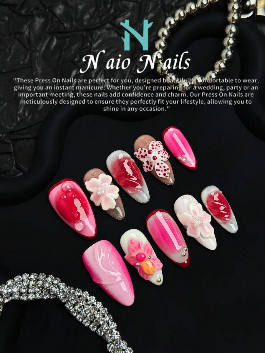 NAIO 10 件/套手工杏仁形 Y2K 反派风格按压式指甲，裸色、红色、白色和粉色法式尖头，饰有 3D 浮雕花卉图案、凝胶指甲油、晕染和钢珠。它们非常适合女士和女孩的日常造型，也适合派对、典礼和其他场合。随附的工具套装是送给女士和女孩的绝佳礼物。