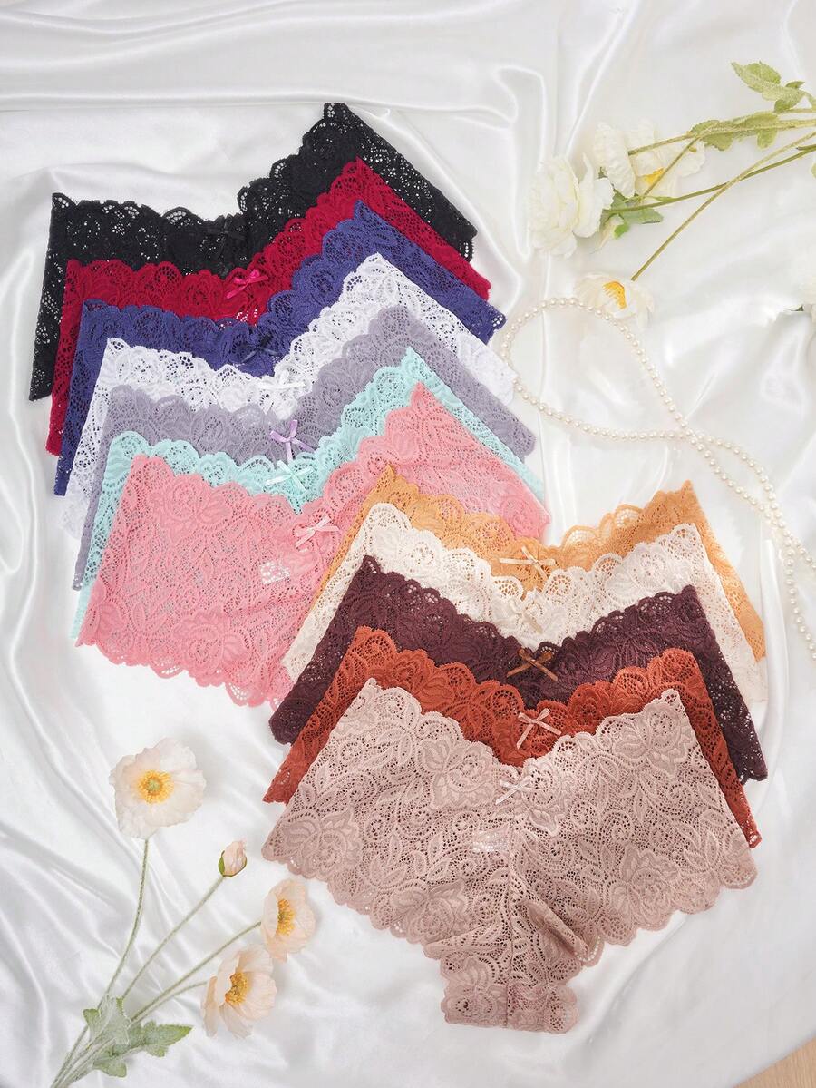 12pcs Lace Trim Sexy Triangle Panties For Women