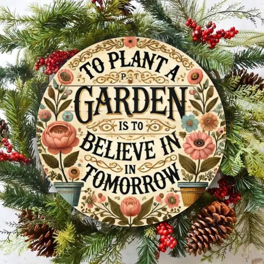 Vintage-Style Round Metal Garden Sign - Durable Iron Wall Art For Home, Garage & Yard Decor| Easy To Hang, Unique Design| Perfect Gift Idea| 8x8 Inches, Perfect For Room Decor - Metal Spray Paint - View 1