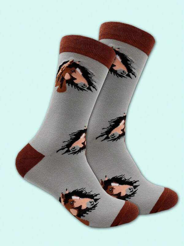 1 Pair Horse Pattern Colorblock Cute Crew Socks