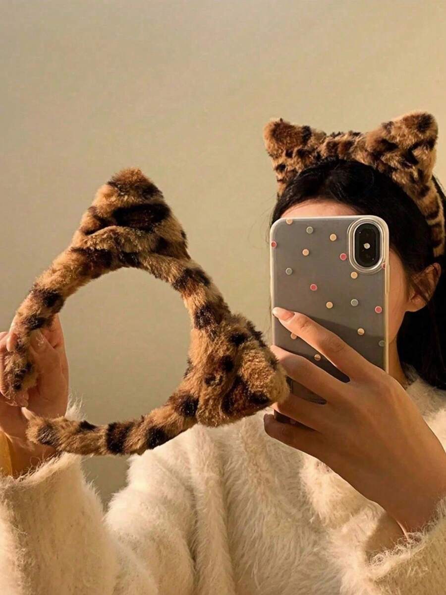 1/2pcs Fluffy Headwear Leopard Print Hair Accessories Hair Hoop Washing Face Plush Hair Bands Cat Ears Headbands Party Wear,Hairband,Hair Hoop ,Head Piece