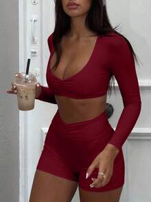 2pcs/Set Women Casual High Stretch Pink Ruffle Collar Long Sleeve Cropped Top And Shorts - Burgundy - View 7