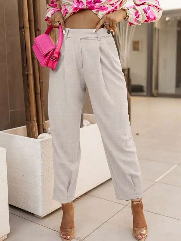 Plus Size Ankle Pants, Solid Color Ruched Slant Pocket Slim Fit Trousers, Fashionable Design Elegant Style, Suitable For Commuting, Office, Dating, Wedding, Christmas, Chinese New Year