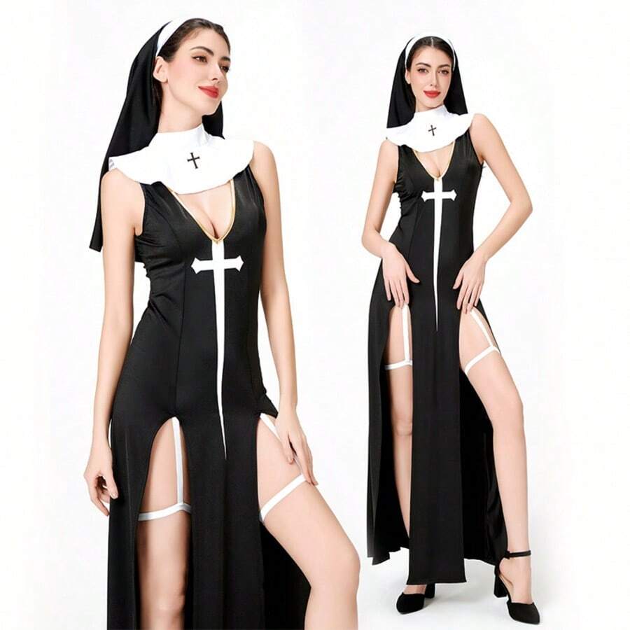 Costumi cosplay per giochi di ruolo di Halloween, costumi per feste di carnevale, costumi cosplay, costumi da suora sexy, costumi per spettacoli cosplay - nero - Visualizzare 1