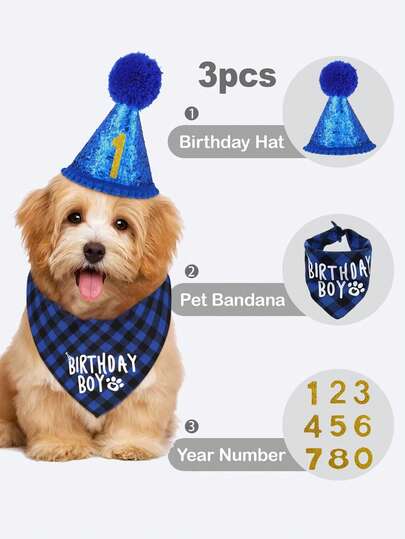 3 pièces Ensemble de costume de fête pour animaux de compagnie, chapeau d'anniversaire pour chien, bandana et décoration de numéro doré pour accessoires de fête. Accessoires ludiques pour chien, en matériau polyester