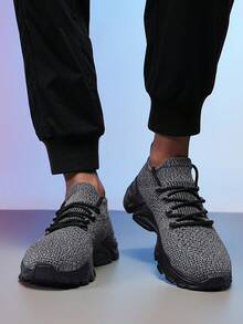 Men's Gray And Black Athletic Sneakers - Textured Sole With Knit Upper For Gym And Casual Wear, Year-Round Shoes For Men - 黑灰 - 查看 4