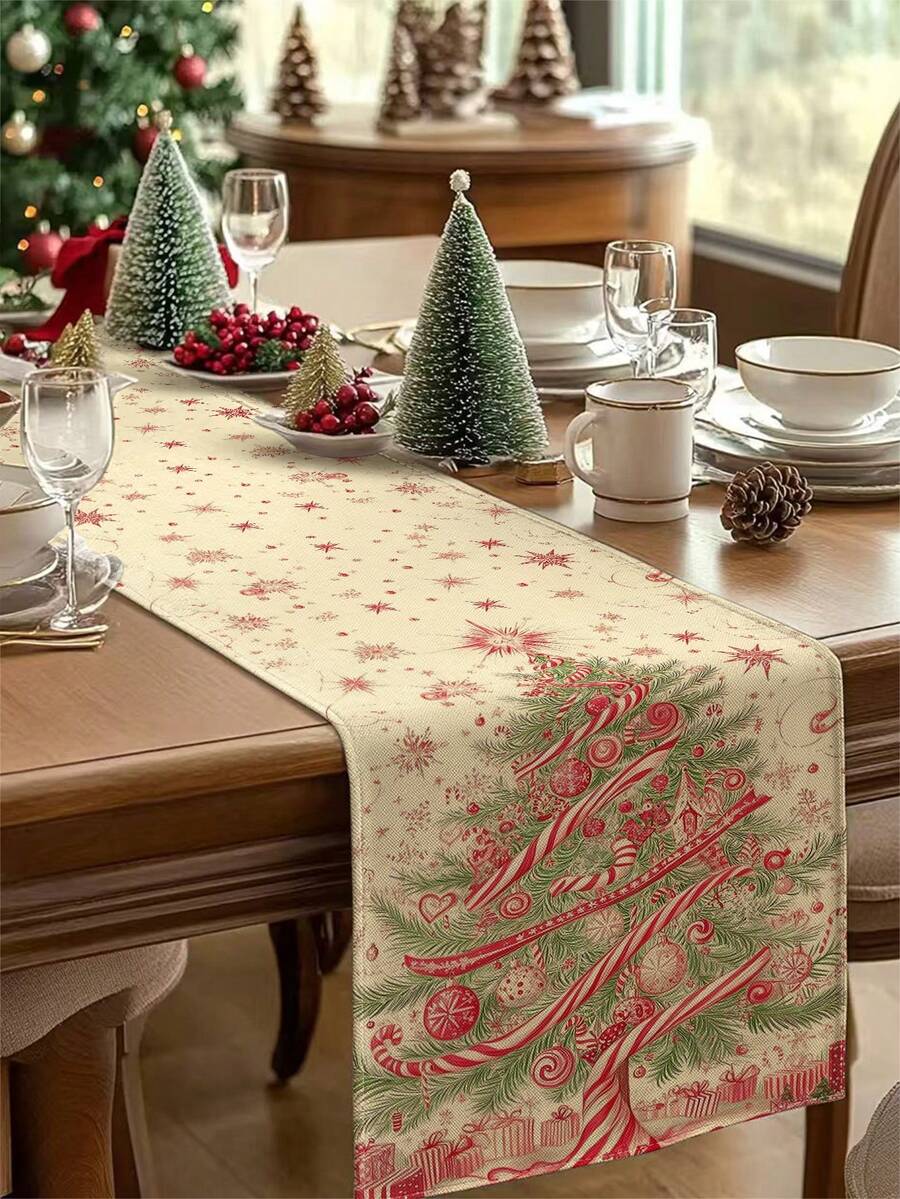 1 Stück Weihnachtsbaum Tischläufer, Weihnachtlicher dekorativer Tischläufer, Weihnachtlicher leinenähnlicher Tischläufer, Tischläufer, Tischläufer, 1 Stück Tischläufer, 4 Stücke Tischsets, 1 Stück Kissenbezug, 3 Produkte erhältlich, saisonale Heimdekoration für Innen-/Außenpartys, Winterliche Heimdekoration, Weihnachtsdekoration, Weihnachtszimmer Dekoration, Weihnachtsparty Dekoration - Verschiedenfarbig - Übersicht 1