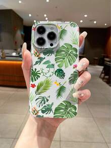 1pc New Fashionable Minimalist Green Leaf Pattern Anti-Fall Anti-Slip Shock-Proof Soft Dirt-Resistant Washable Transparent TPU + PC 2-In-1 Material Full Edge Protection Stylish Phone Case, Compatible With Iphone 17/16/15/14/13/12/11 Series - Multicolor - View 2