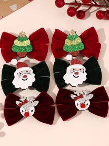 6pcs Chriatmas Decor Red And Green Velvet Bow Hair Clips,Christmas Trees & Deer & Santa Claus Accessories Hair Bows,Cute Hair Barrettes For Girls Teens Gifts