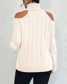 Womens Cold Shoulder Turtleneck Sweaters Fall Long Sleeve Soft Knit Pullovers Jumper Tops - Beige - 查看 3