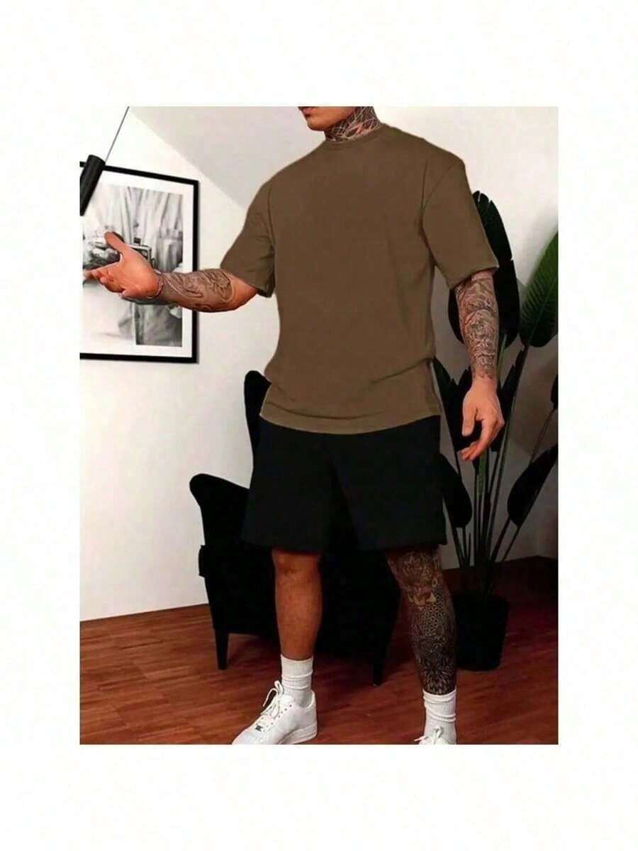 2 Piece Kit Men's T-Shirt And Shorts Set Tactel Casual Summer For Men 100% Cotton - Rỉ Nâu - Xem 1