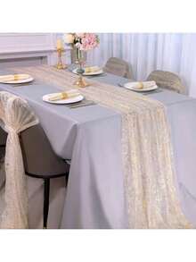 6Pcs 10 Ft Gold Table Runners, Sheer Chiffon Tulle Cheesecloth Golden Sequin Glitter Metallic Foil, Gold Party Table Decoration Centerpiece Wedding Birthday Anniversary - 金色 - 查看 2
