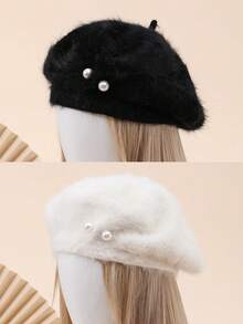 1pc Solid Color Faux Pearl Decor Vintage Rabbit Fur Solid Beret Hat, Cute Fuzzy Feel For Autumn/Winter
