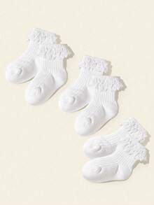3 Pairs White Lace Trim Socks, Pure White Design, Breathable & Soft, Fashion All Season, Spring/Summer/Autumn/Winter, Suitable For Baby Girls And Ballet - White - View 8
