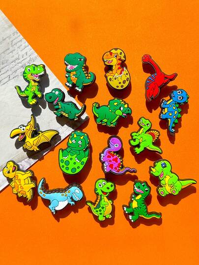 16 PCS Dinosaur Series, Colorful PVC Dinosaur Shoe Decorations Set, With Various Designs, Suitable For Beach Bags And Clogs. Ideal Gift For Birthdays, Christmases, Valentine's Days, And Halloween Parties.