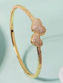 1pc Zirconia Inlaid Double Heart Design Fashion Bracelet For Women, Elegant Casual Everyday Wear