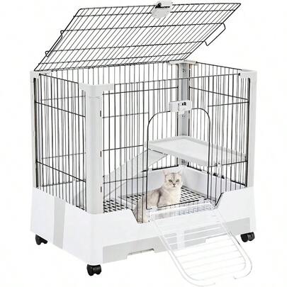 Rolling Small Animal Cage 2 - Level Open Top Rabbit Cage With PlatformRampLitter Tray Bunny, Guinea Pig, Ferret, Chinchilla, 75x 50x 67