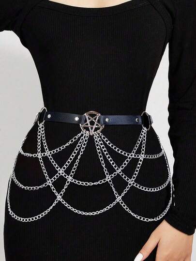 1pc Women's PU Leather Belt With Chain Five-Pointed Star O-Ring Punk Waist Belt, Punk Style Accessory Autumn, Christmas