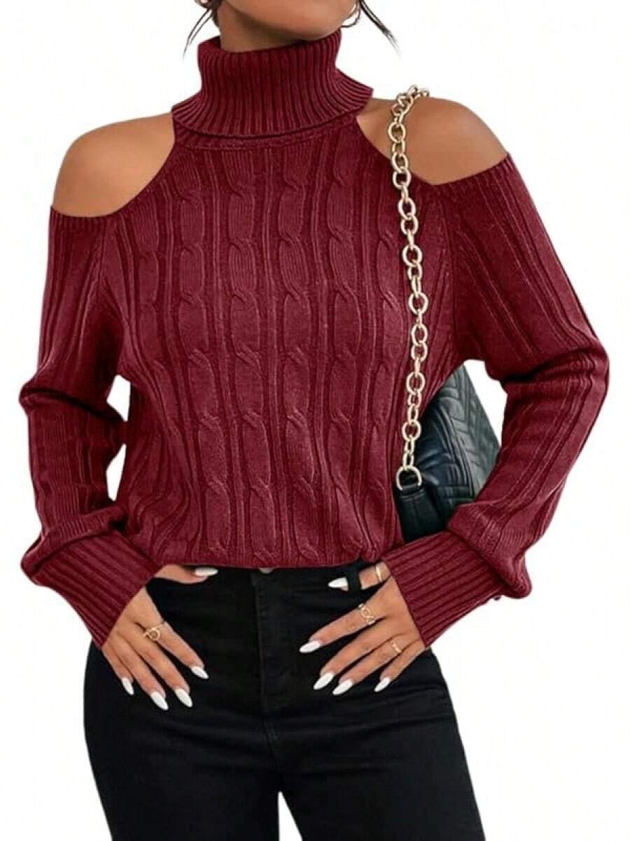 Womens Cold Shoulder Turtleneck Sweaters Fall Long Sleeve Soft Knit Pullovers Jumper Tops - 酒紅色 - 查看 1