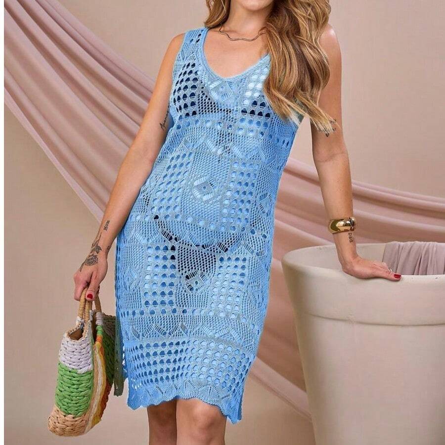 Vestido Saída de Praia Feminino Tricô Crochê Rendado Verde Moda Praia Look Praia Verão 2025 Elegante e Confortável