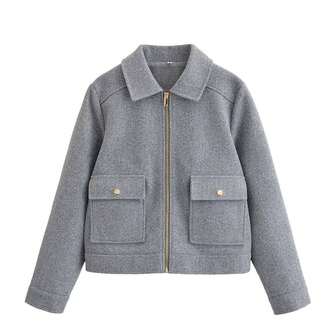 Dammjuk jacka, ny höst/vinter kort jacka med dragkedja för kvinnor, långärmad bomberjacka med fickor