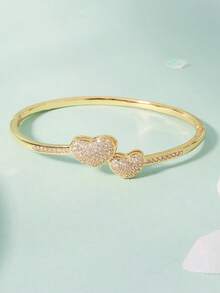 1pc Zirconia Inlaid Double Heart Design Fashion Bracelet For Women, Elegant Casual Everyday Wear