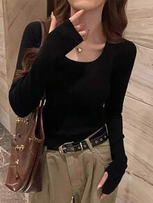 女式方领长袖针织毛衣，修身叠穿上衣，秋冬 - 黑色 - 查看 5