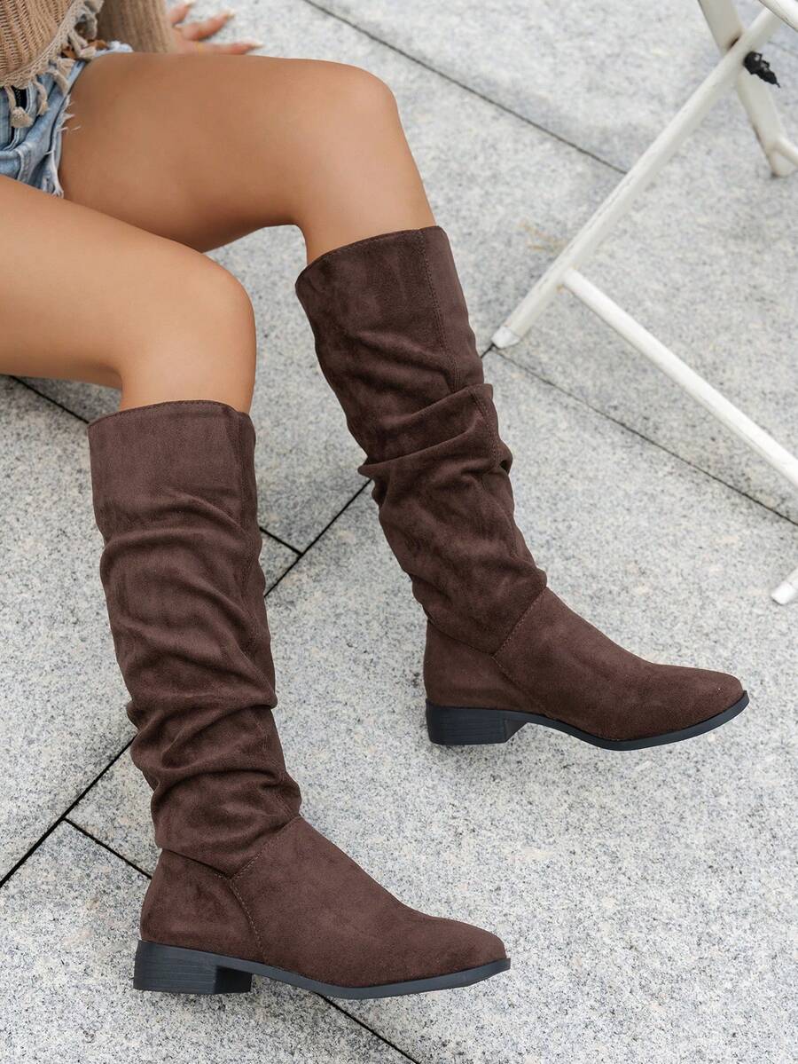Khaki Tall Boots, Women's Autumn/Winter Retro High Shaft Boots, Western Cowgirl Riding Boots, Slouchy Boots,Party - Coffee Brown - View 1