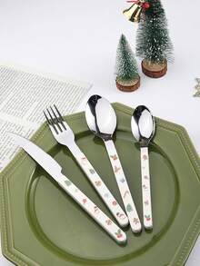 4 件套不锈钢圣诞餐具套装，圣诞主题刀叉勺 - 銀色 - 查看 6