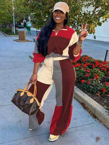 Spring And Autumn Casual Splicing Women's Two Pieces Long Sleeve Zipper Pullover Hem Waisted Top Elasticized Waist Pocket Straight Drawstring Pants Street Sweat Suit - Brown + Bright Red - View 9