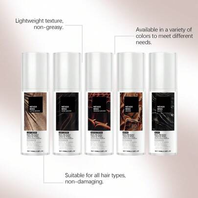 100毫升染发喷雾系列，不刺激、不粘腻、不伤发，提供5种颜色选择，以满足不同群体（老年人、中年人、青少年、帅哥、时尚男士、书呆子、美女、女强人）的不同喜好。