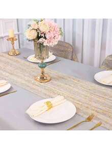 6Pcs 10 Ft Gold Table Runners, Sheer Chiffon Tulle Cheesecloth Golden Sequin Glitter Metallic Foil, Gold Party Table Decoration Centerpiece Wedding Birthday Anniversary - 金色 - 查看 5