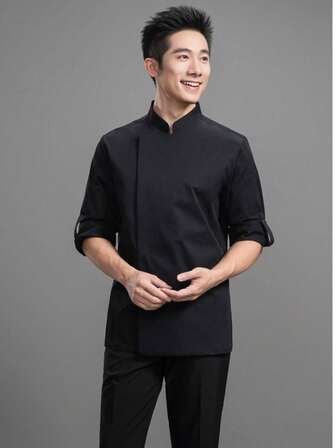 New Men's Long Sleeve Solid Color Chef Jacket With Breathable Back, Stand Collar, High-End