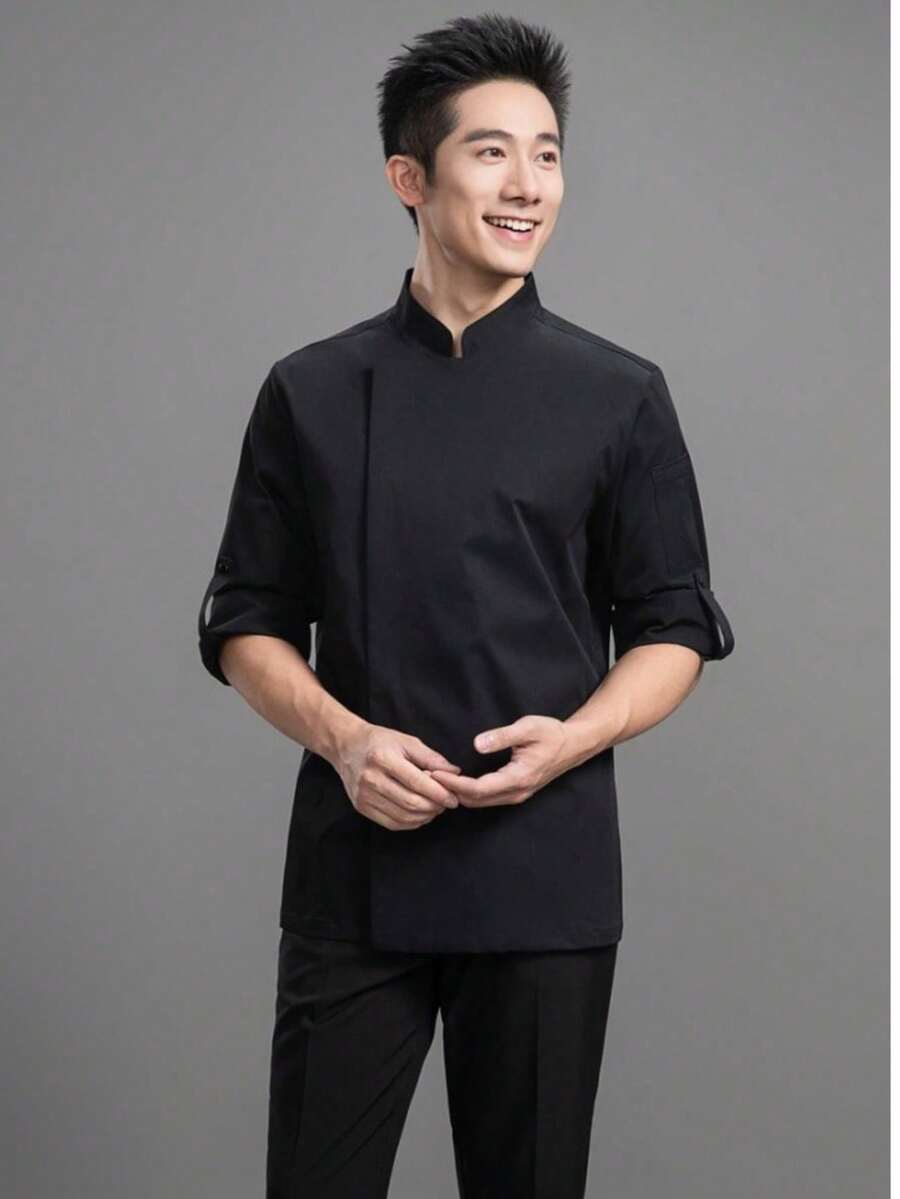 新款男士长袖纯色厨师夹克，背部透气，立领，高端 - 黑色 - 查看 1