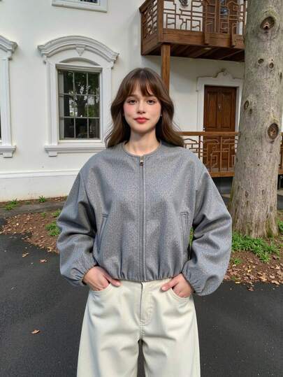 Jaqueta aviador curta e macia para mulheres, nova moda outono inverno, gola redonda, casaco elegante e moderno para mulheres