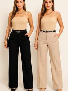 Kit 2 Women's Wide Leg Pants With Belt - 黑色/米色 - 查看 4