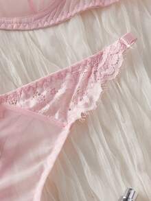 Pink Lace & Mesh Patchwork Thin Padded Underwire Sexy Lingerie Set For Women