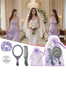 5 piezas Juego de Espejo y Peine con Rosas Moradas Vintage, incluye Bolsa con Cordón y Tarjeta de Agradecimiento, Adecuado para Novia, Dama de Honor, Reuniones Diarias, Regalo de Navidad para la Novia