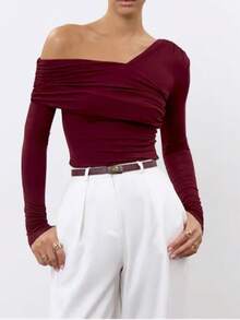 女士优雅不对称设计性感不对称肩部褶皱修身长袖酒红色上衣 - 酒紅色 - 查看 4
