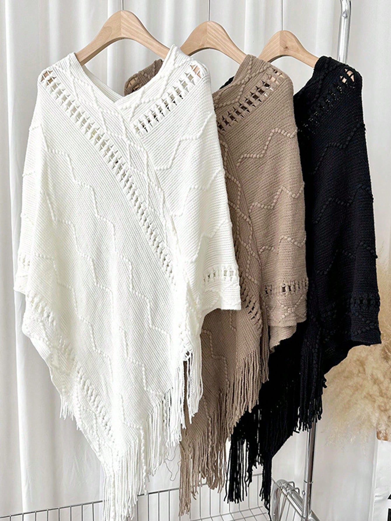 1 قطعة شال بونشو محبوك بلون واحد مع شراريب، للخريف...