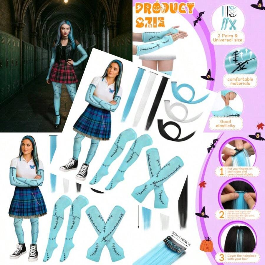 8 Pcs Halloween Sally Cosplay Accessories Set For Girls Women Faux Stitched Arm And Leg Warmers Blue White And Black Wig For Monster Inspired Costume Adult