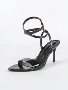 Women's Black High Heel Sandals, Pointed Toe Thin Heel Simple One-Strap TPU Upper Design, Black Fabric With Asymmetrical Colorful Floral Pattern Decoration, 8.7CM Heel Height, Lightweight And Comfortable, Versatile And Stylish High Heel Sandals, Suitable For Parties, Nights Out, Dates, Shopping, Commuting, Sexy High Heel Sandals (Asymmetrical Floral Pattern)