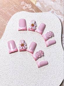 10 Stücke Y2K 3D exquisite lebendige Blumen Enten-Mund Künstliche Nägel, transparentes gestreiftes Design, rosa Schleifen-Akzent, glamouröse florale Elemente French Manicure, elegant und jugendlich, geeignet für Alltag, Lässig, Feiertage, perfektes Geschenk für Frauen und Mädchen (zufälliges Verpackungskarte)