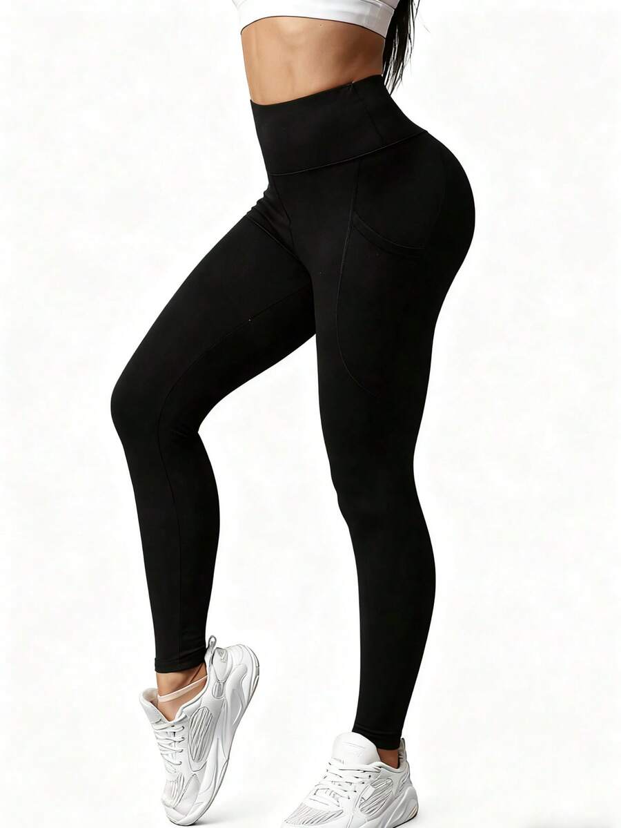 1 Pair Of Pocket Long Pants, Sports Long Pants With Pockets, Home Casual, Fitness And Running Pocket Long Pants, Women's Yoga Pants, Tuck In The Abdomen And Lift The Buttocks - 黑色 - 查看 1