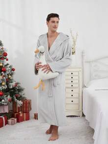 1pc Flannel Thick Autumn/Winter Soft & Comfortable Couple Double Pocket Luxury Fleece Hooded Belted Bathrobe For Men, For Fall Winter, Fluffy, Cozy - Grey - View 7