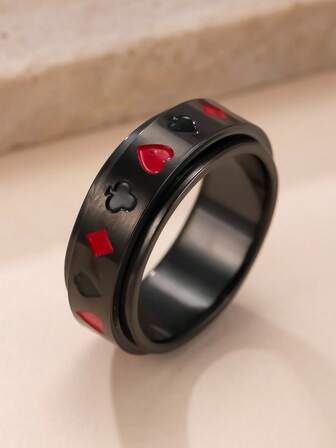 1 st. stressavlastande pokermönster i rostfritt stål, svart roterbar ring, lämplig för män och kvinnor, vardagskläder, alla hjärtans dag-present