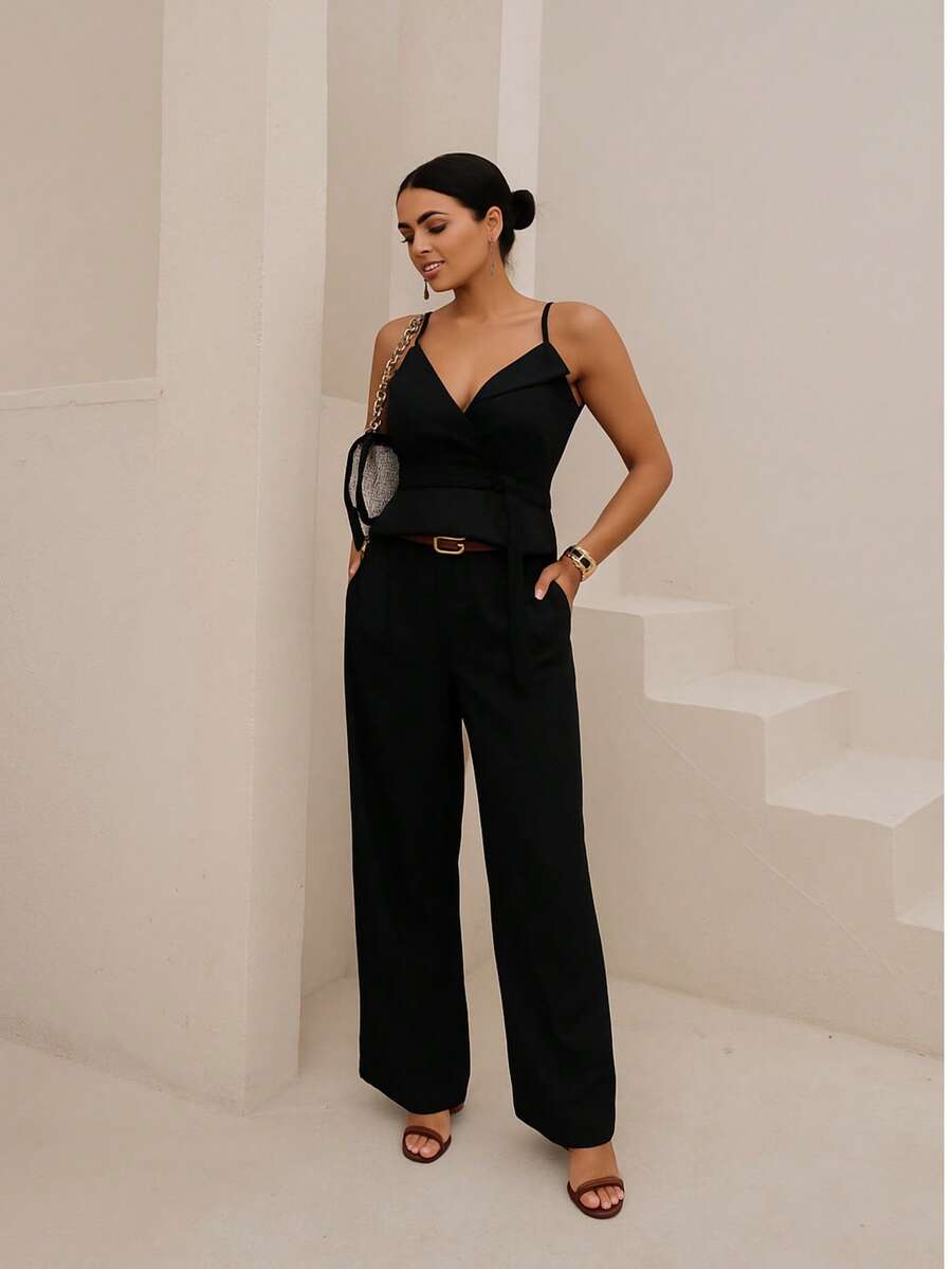 Women's Tailored Strappy Blouse V-Neckline Comes With Elegant Belt For Adult Women Chic - 黑色 - 查看 1