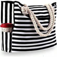 Bolsa de playa de lona impermeable extragrande, Bolsas de playa para mujer con cremallera, Bolsa para Mujer para mujeres, 52.3 * 15 * 45.7cm - Blanco y negro - Ver 1