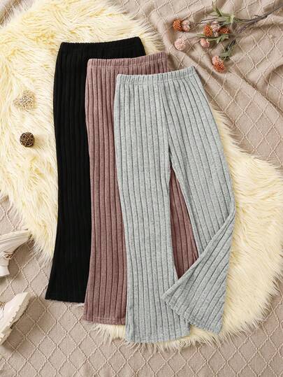 3 piezas/Set Pantalones acampanados ajustados de unicolor para niña preadolescente, otoño/invierno