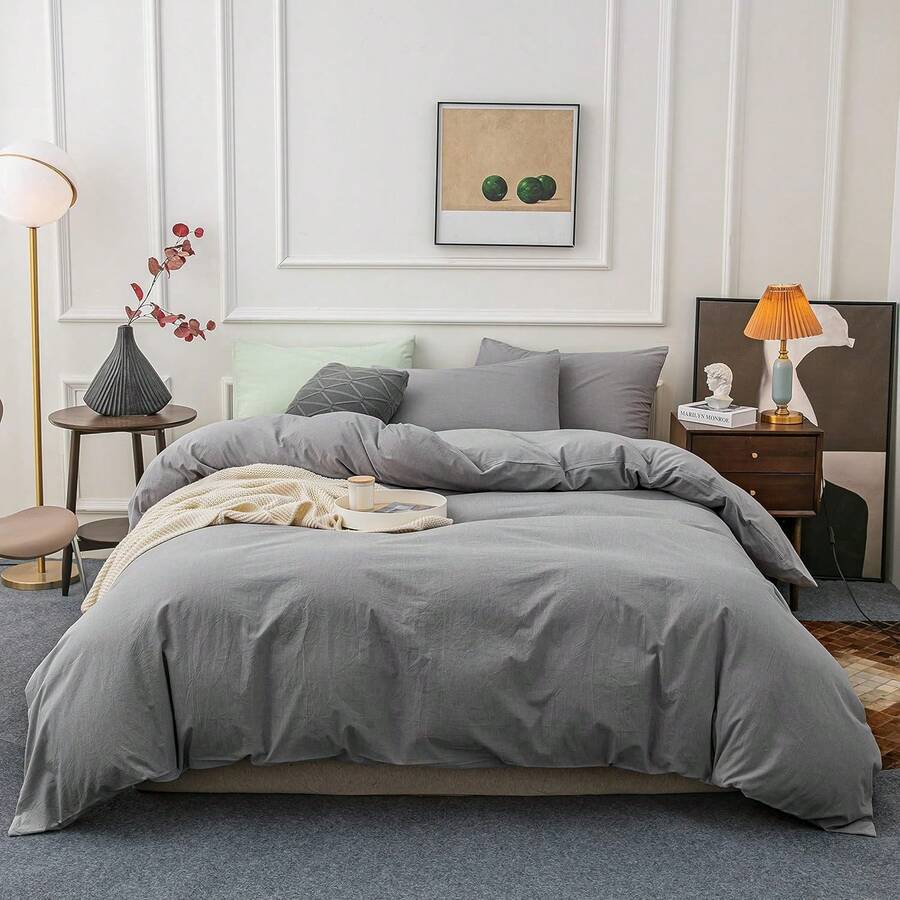 Ultra Soft 100% Cotton Solid Color Dusty Pink Queen Duvet Cover Set With Zipper Closure - 3 Pieces, In 2025 - Light Grey - View 1